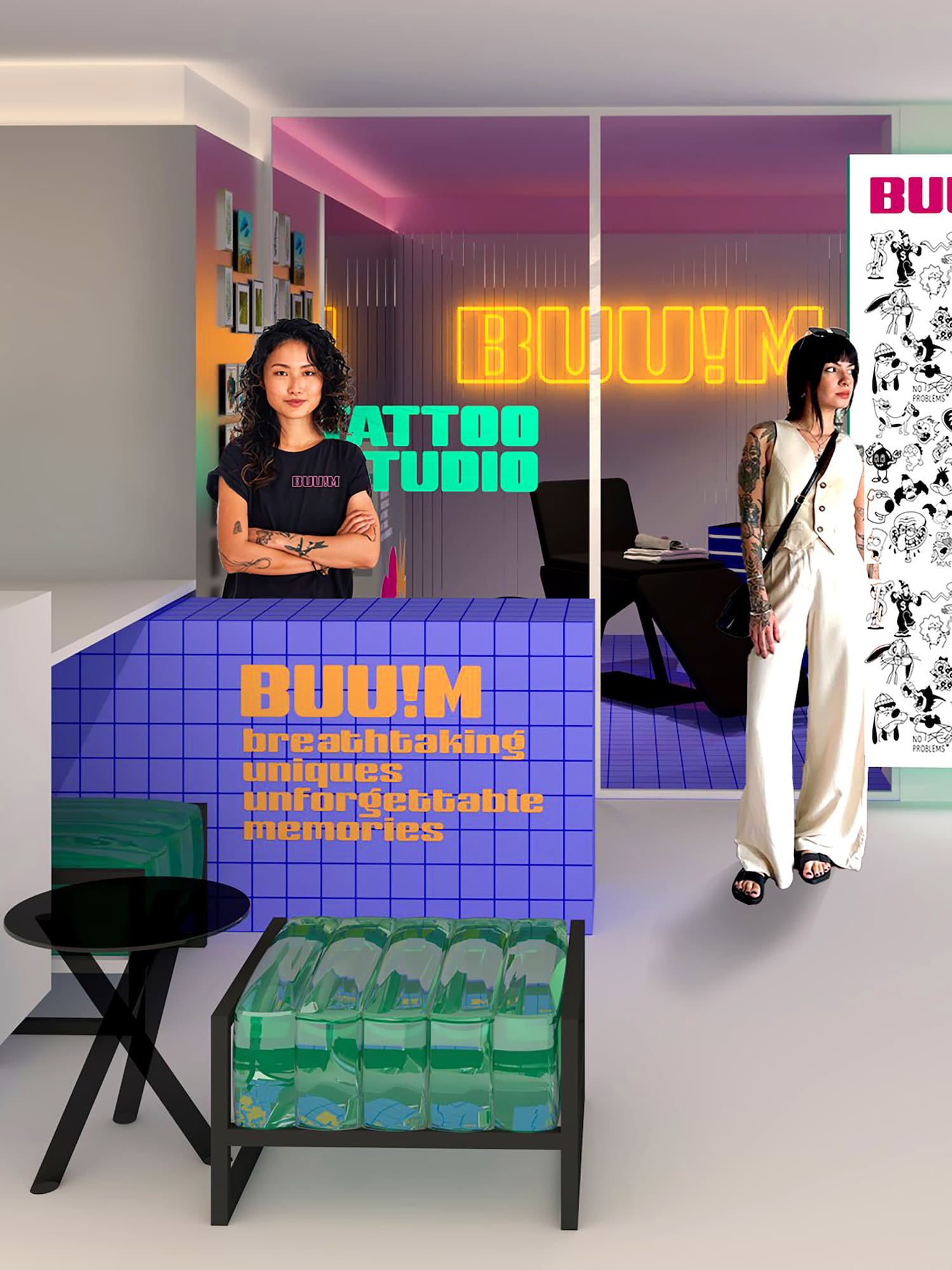 a woman standing in front of a glass wall