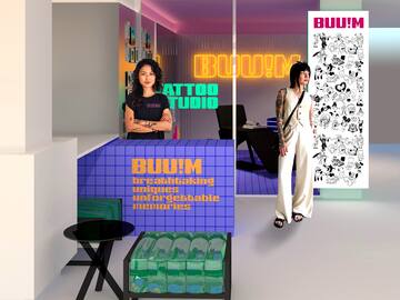 a woman standing in front of a glass wall