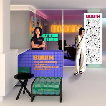 a woman standing in front of a glass wall