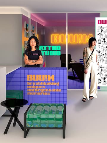 a woman standing in front of a glass wall