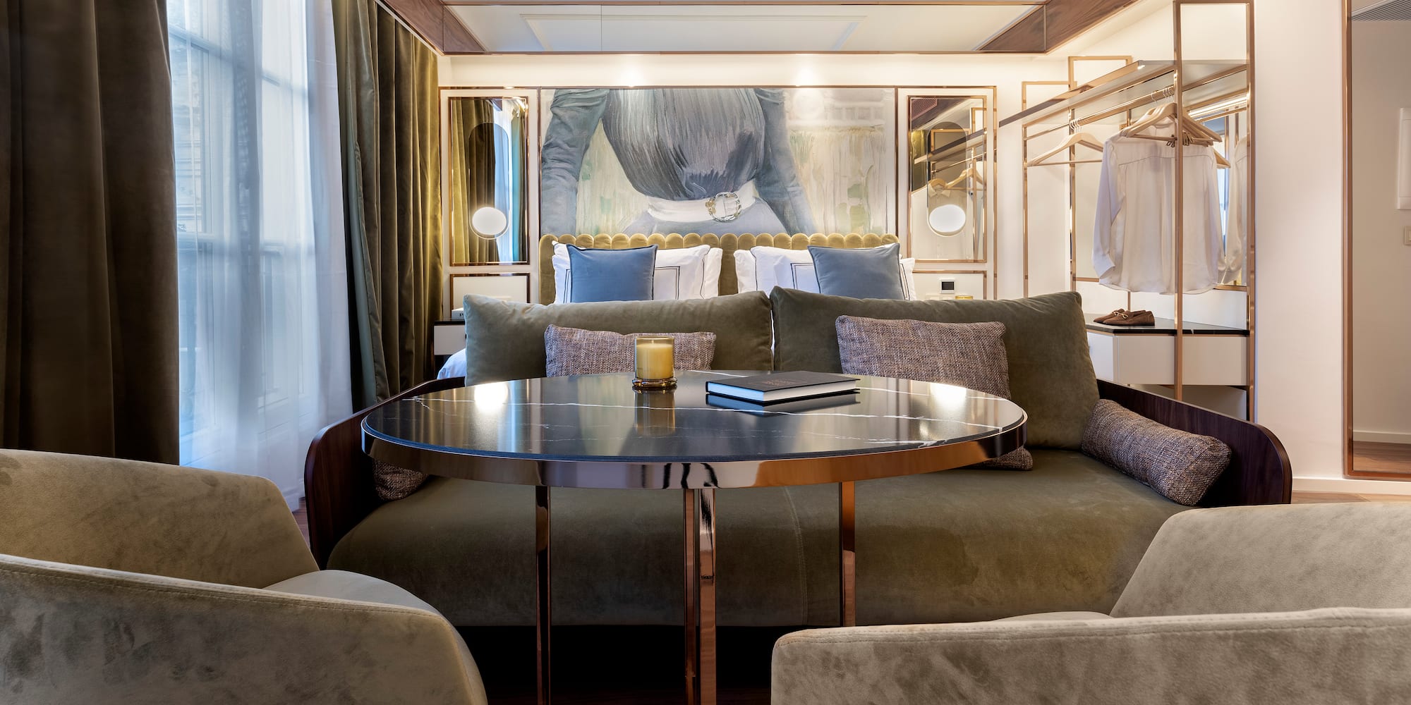 a room with a couch and a table