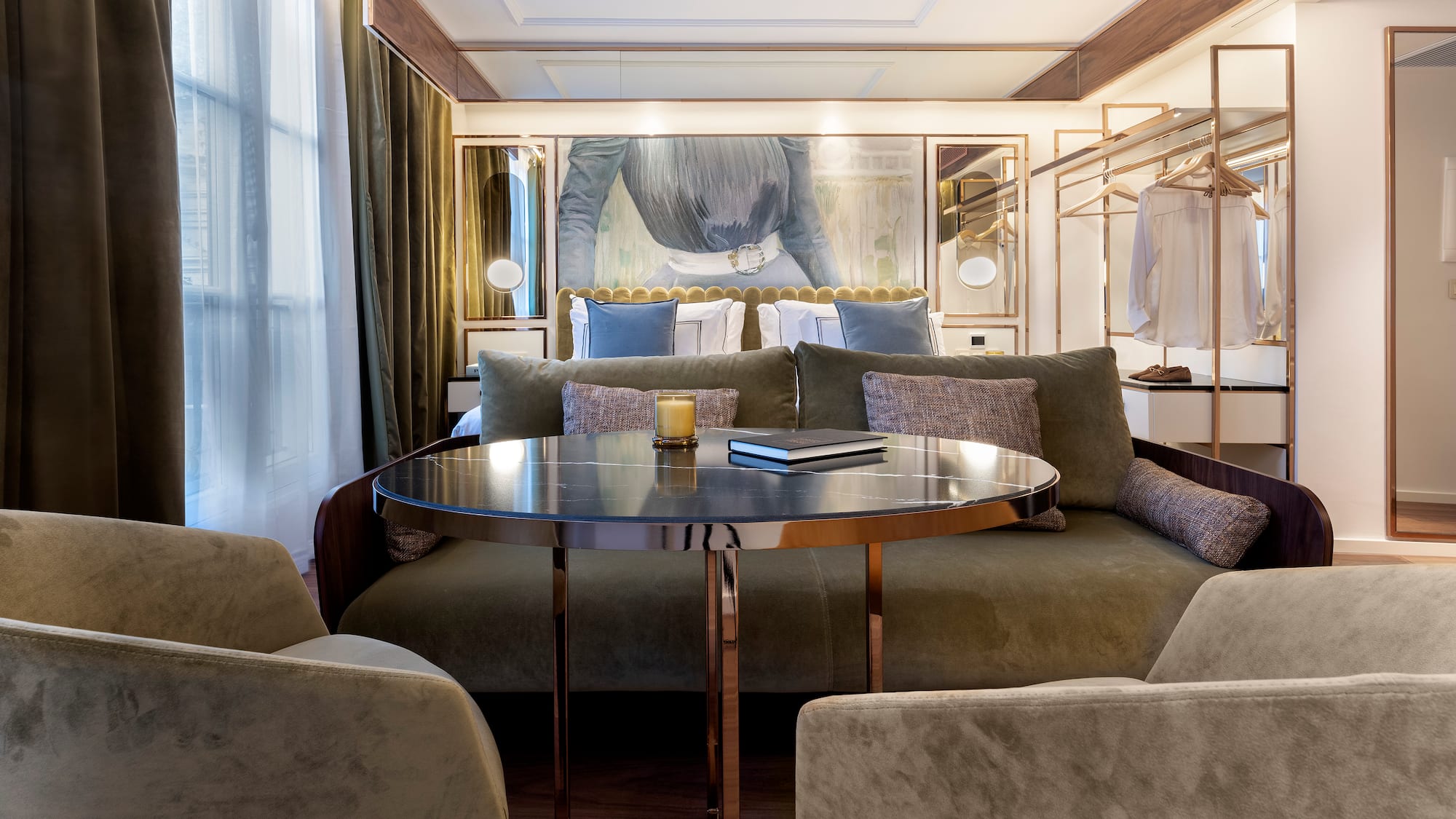 a room with a couch and a table