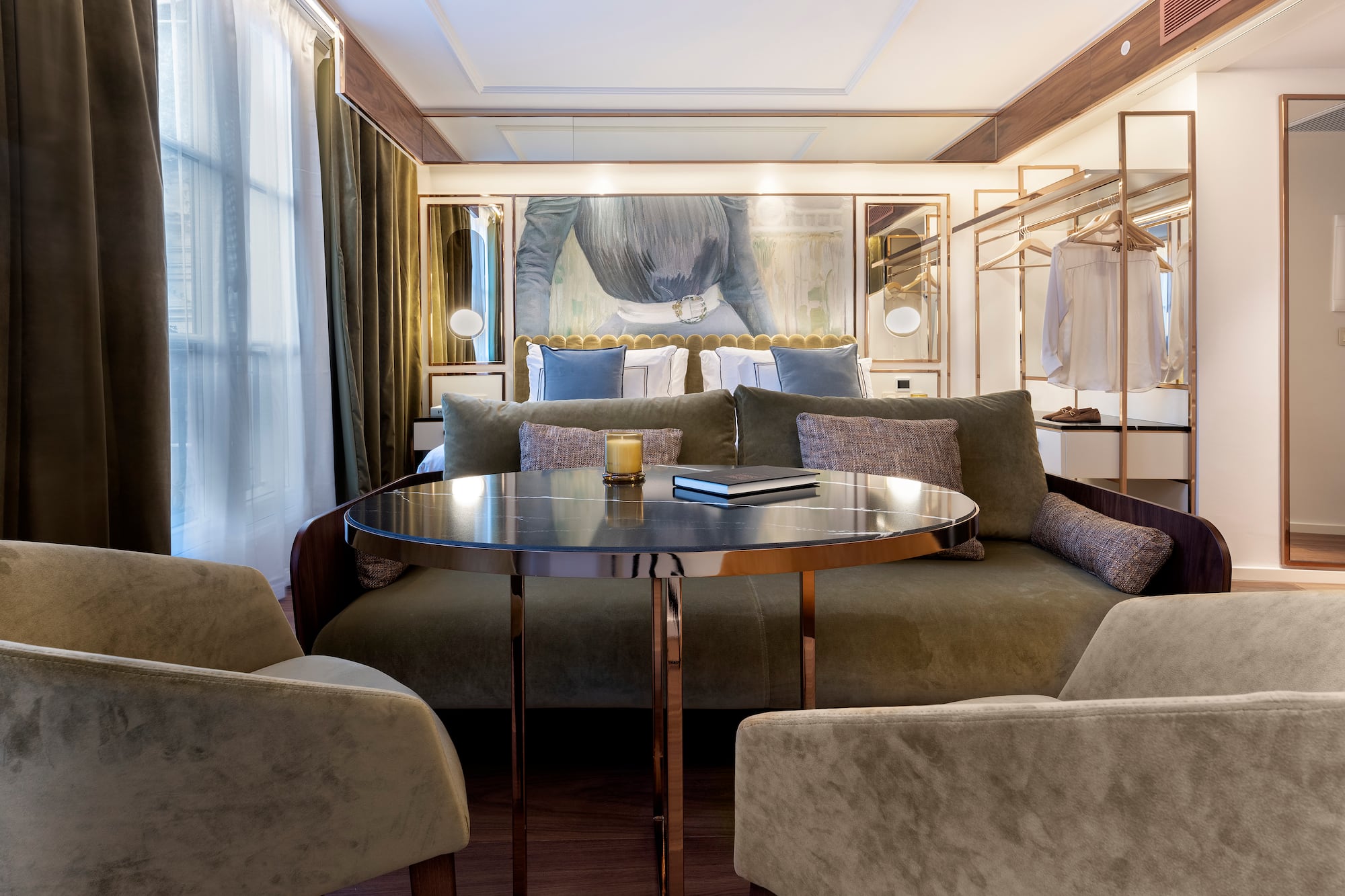 a room with a couch and a table