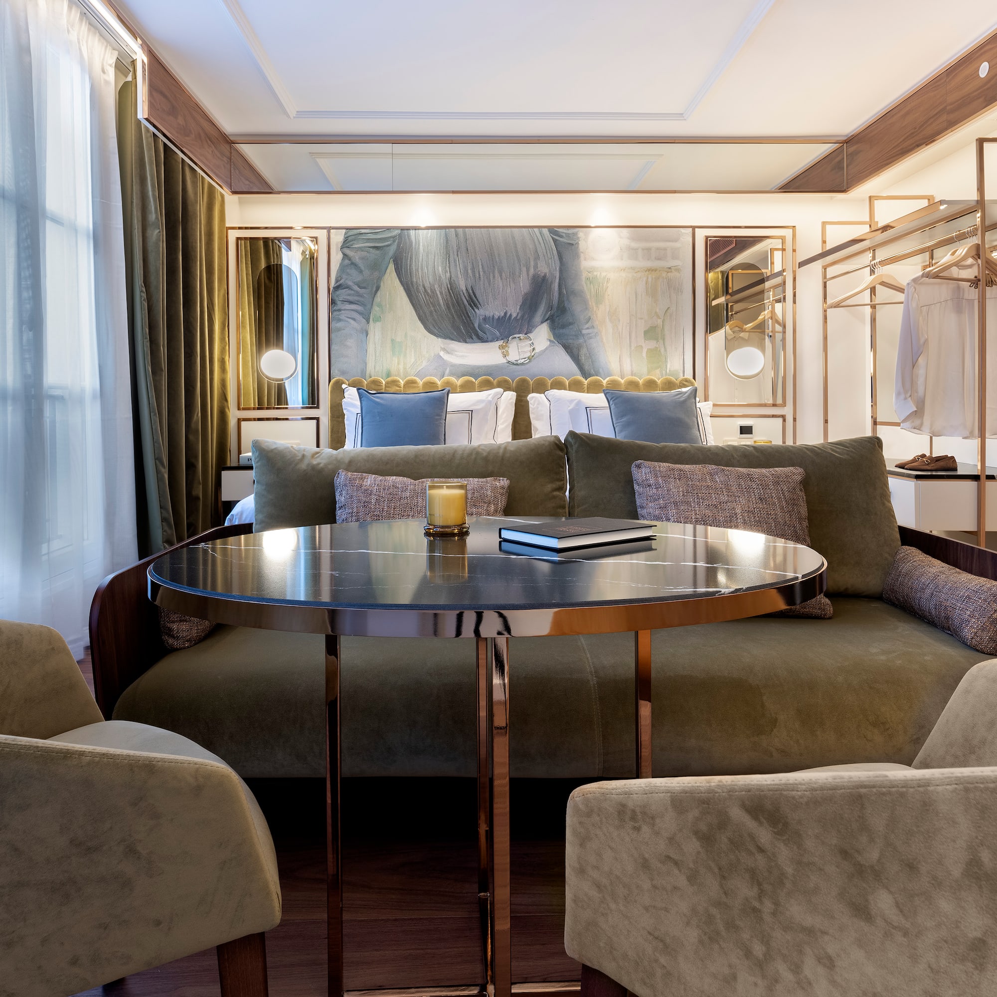 a room with a couch and a table