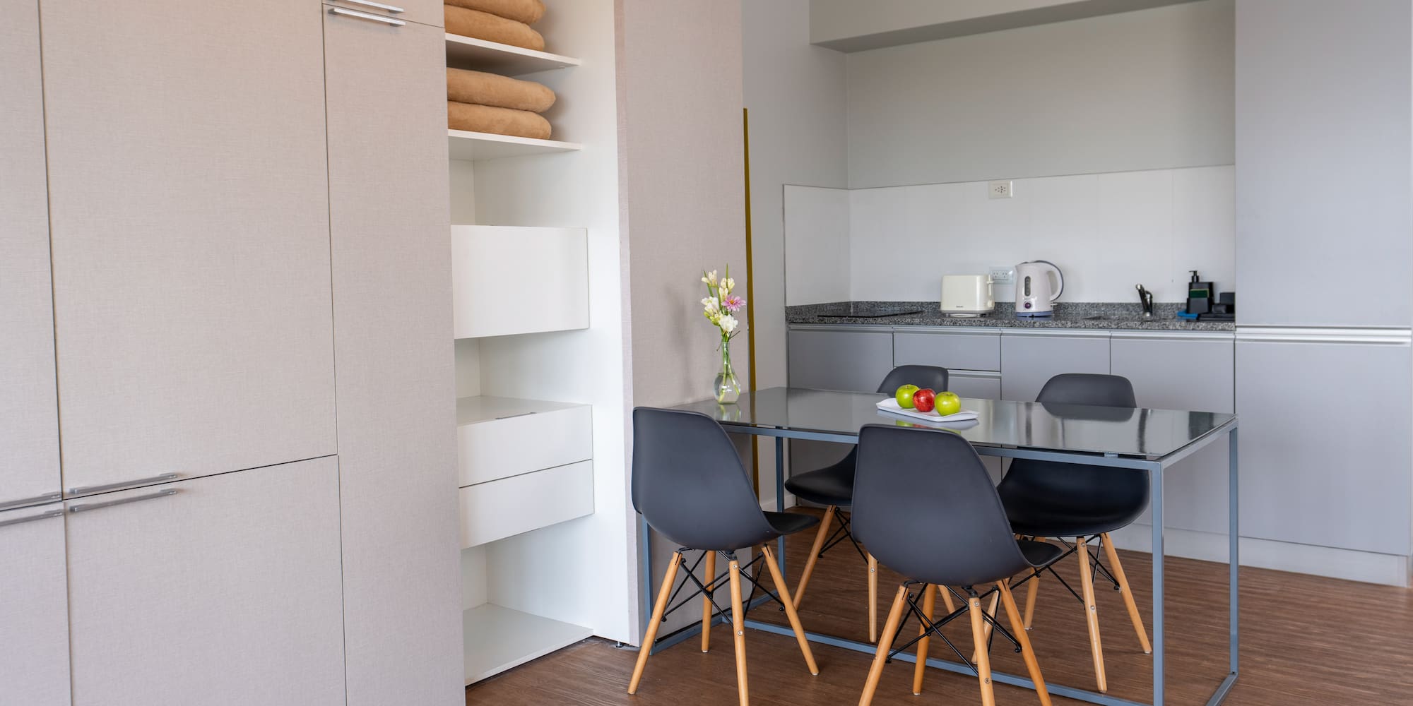 a dining table in a room