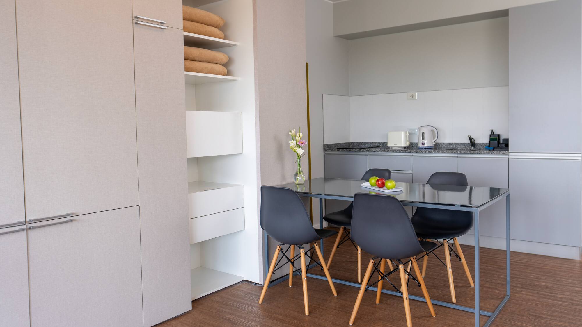 a dining table in a room