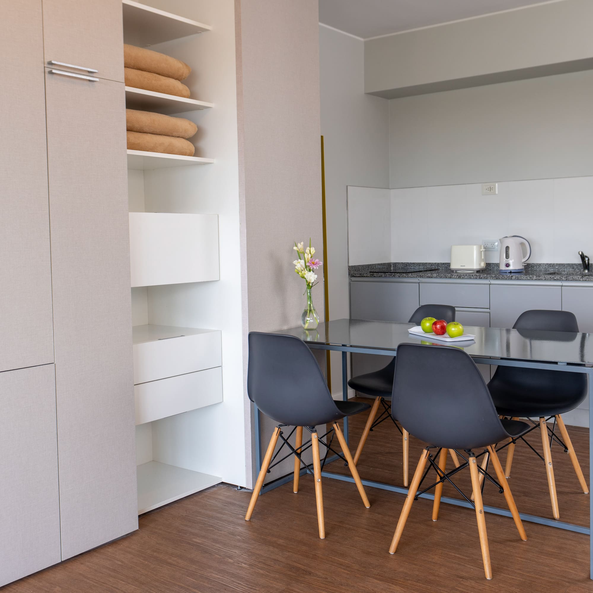 a dining table in a room