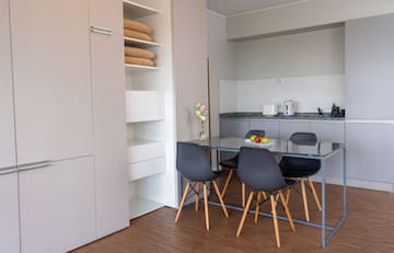 a dining table in a room