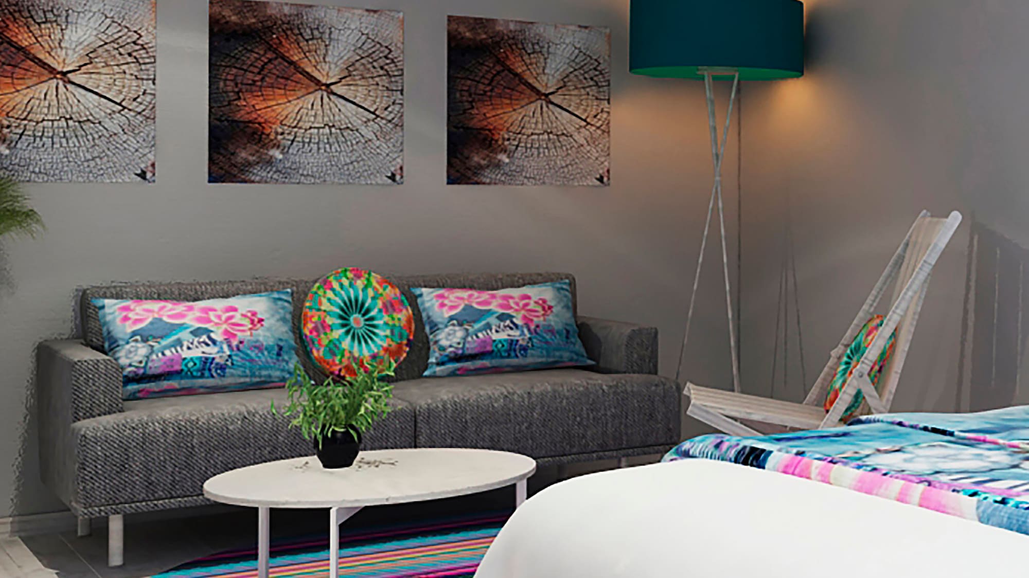 a room with a couch and a lamp