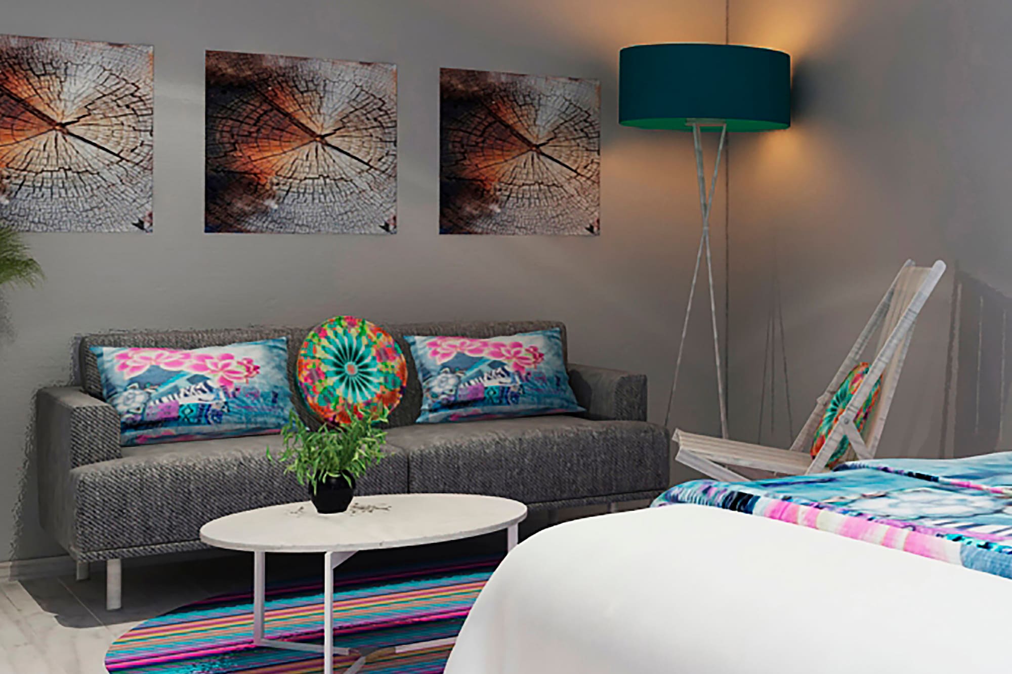 a room with a couch and a lamp