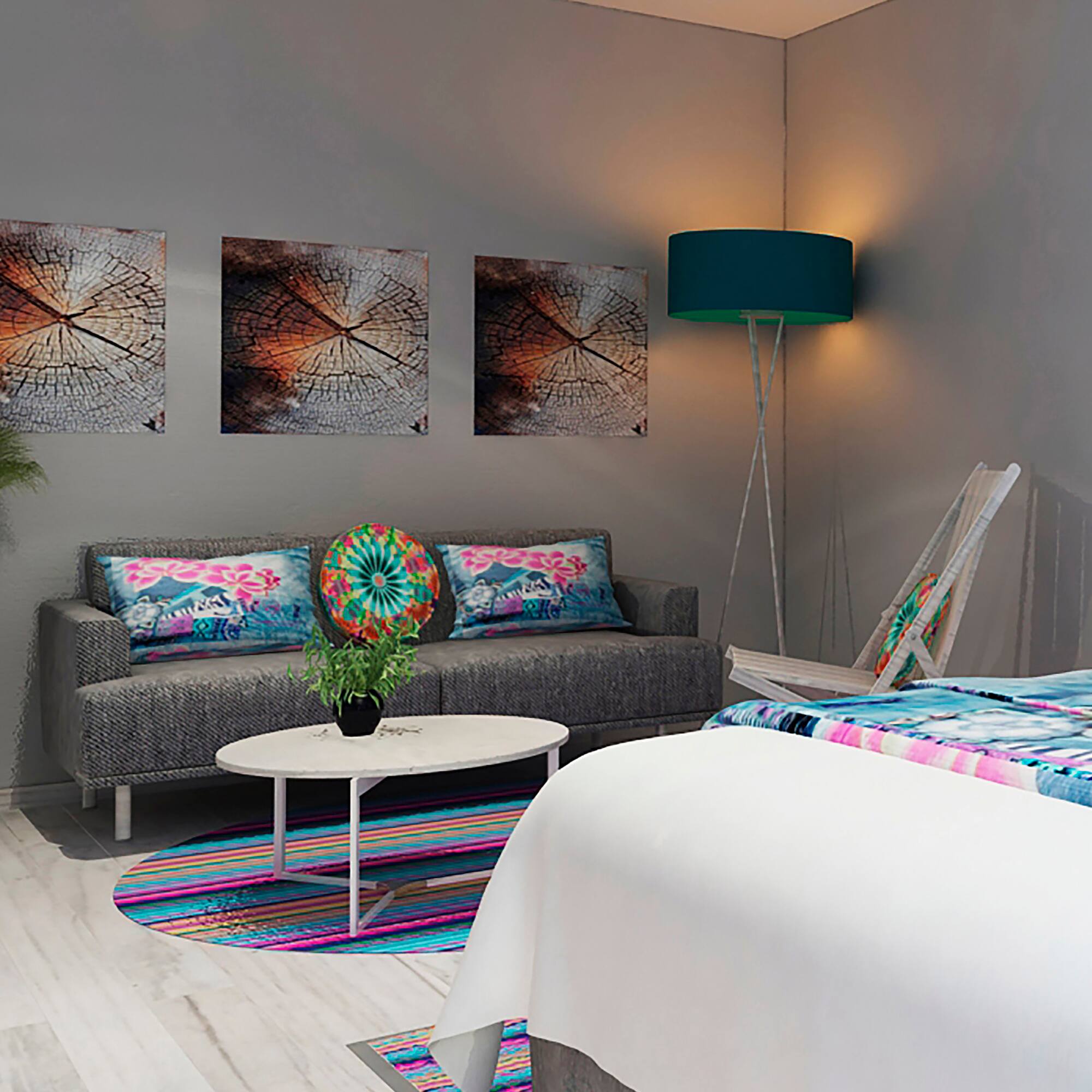 a room with a couch and a lamp