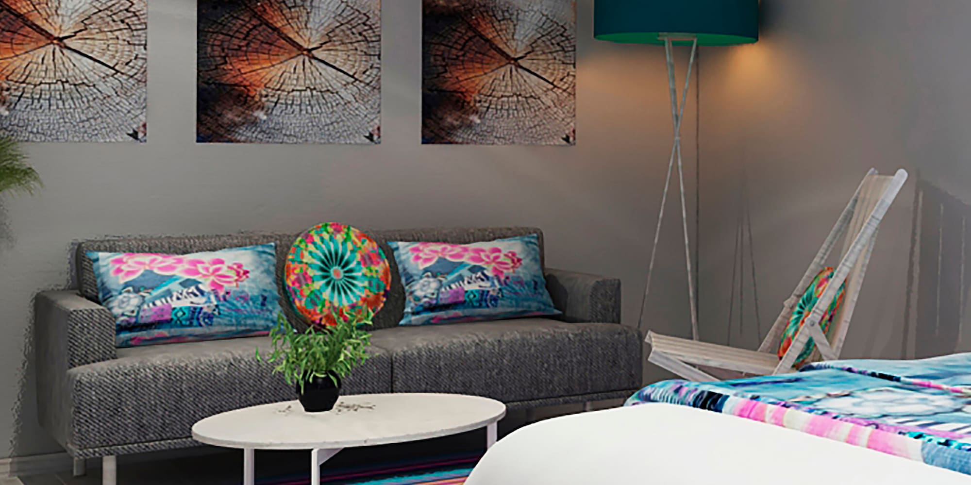 a room with a couch and a lamp