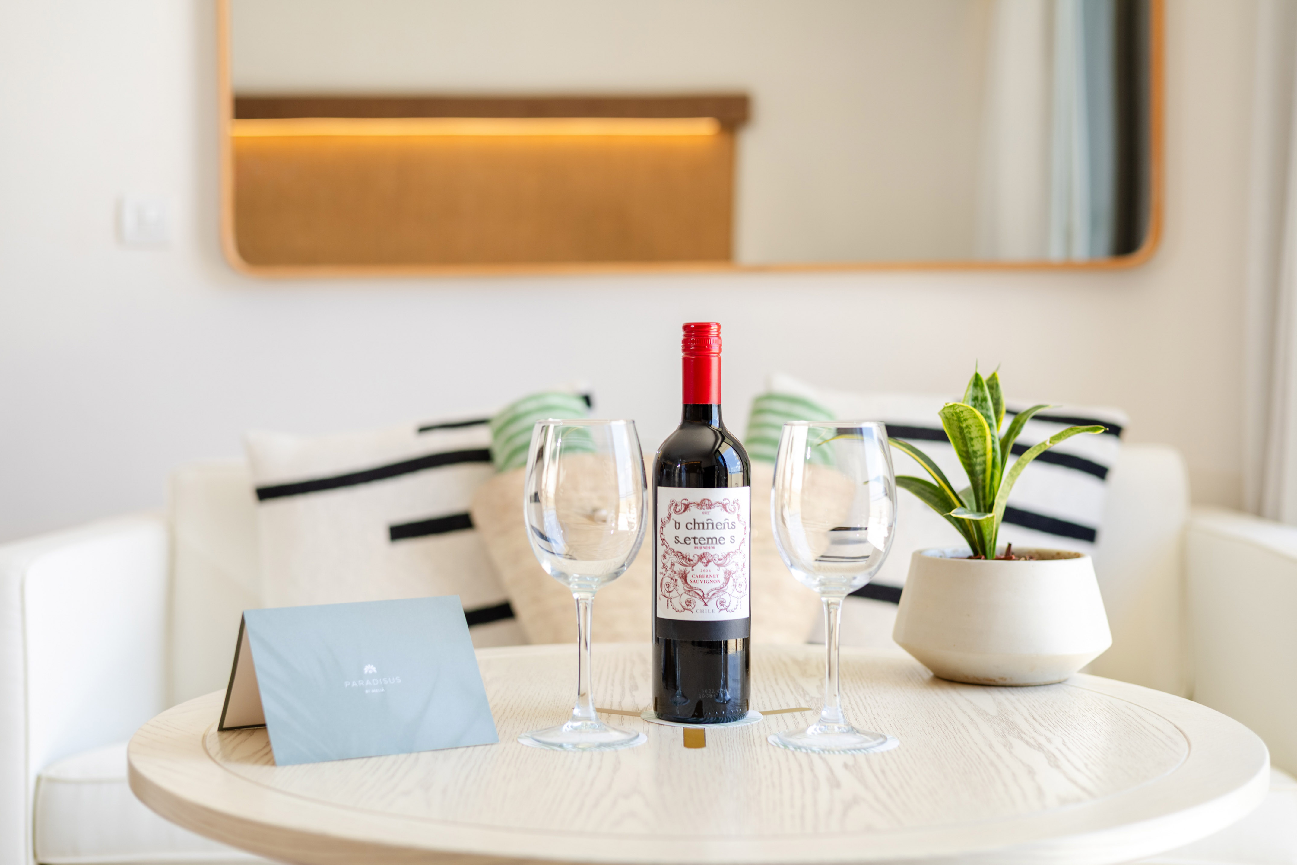 Red wine bottle, two glasses, potted plant, and Paradisus card on a table.