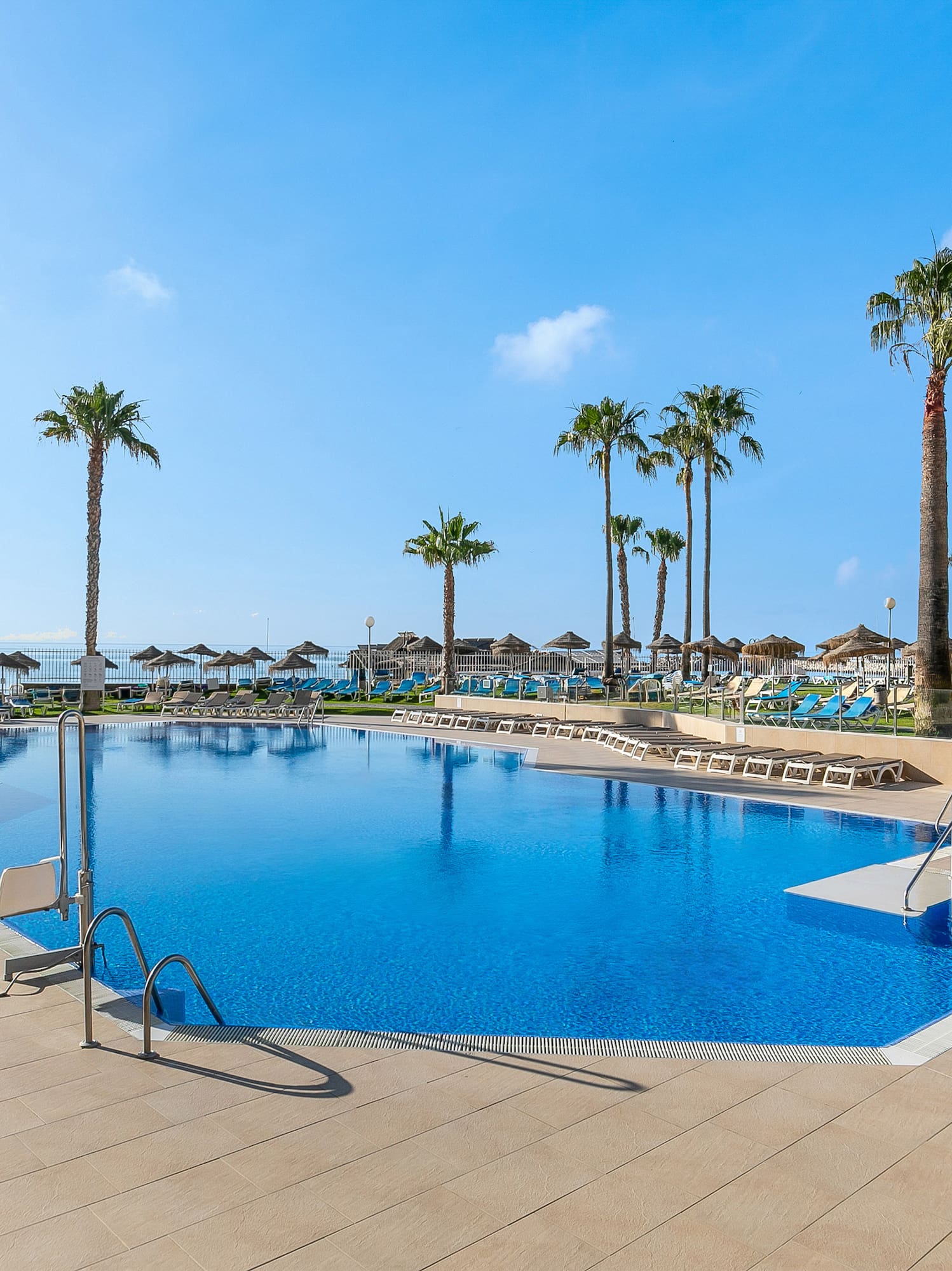 a pool with palm trees and umbrellas
