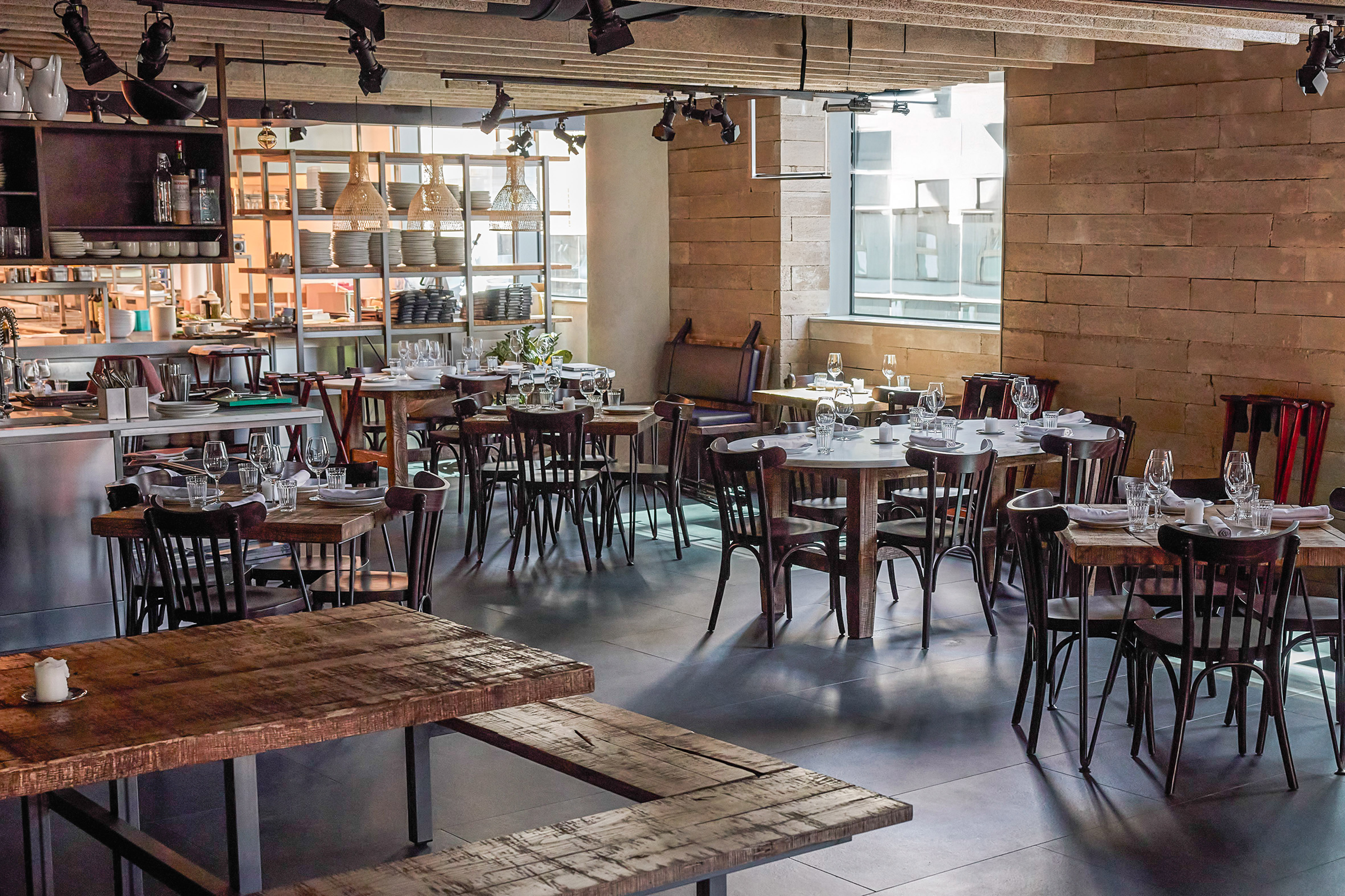 a room with tables and chairs
