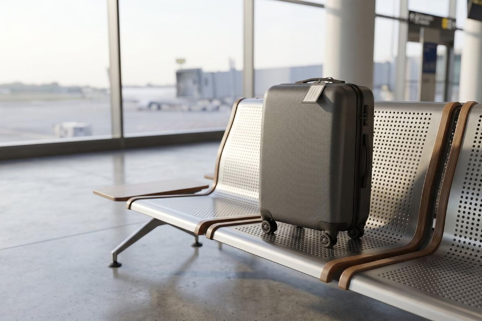 Dark grey suitcase on airport gate bench with tarmac view.