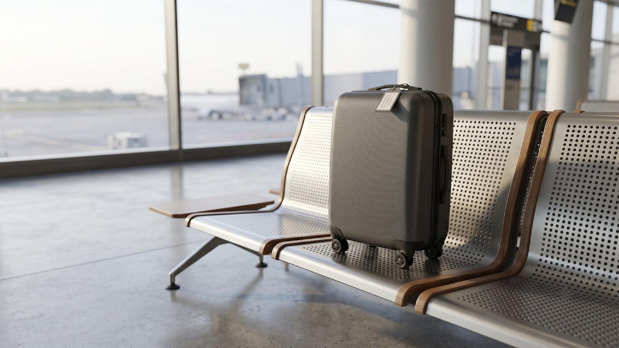 Dark grey suitcase on airport gate bench with tarmac view.