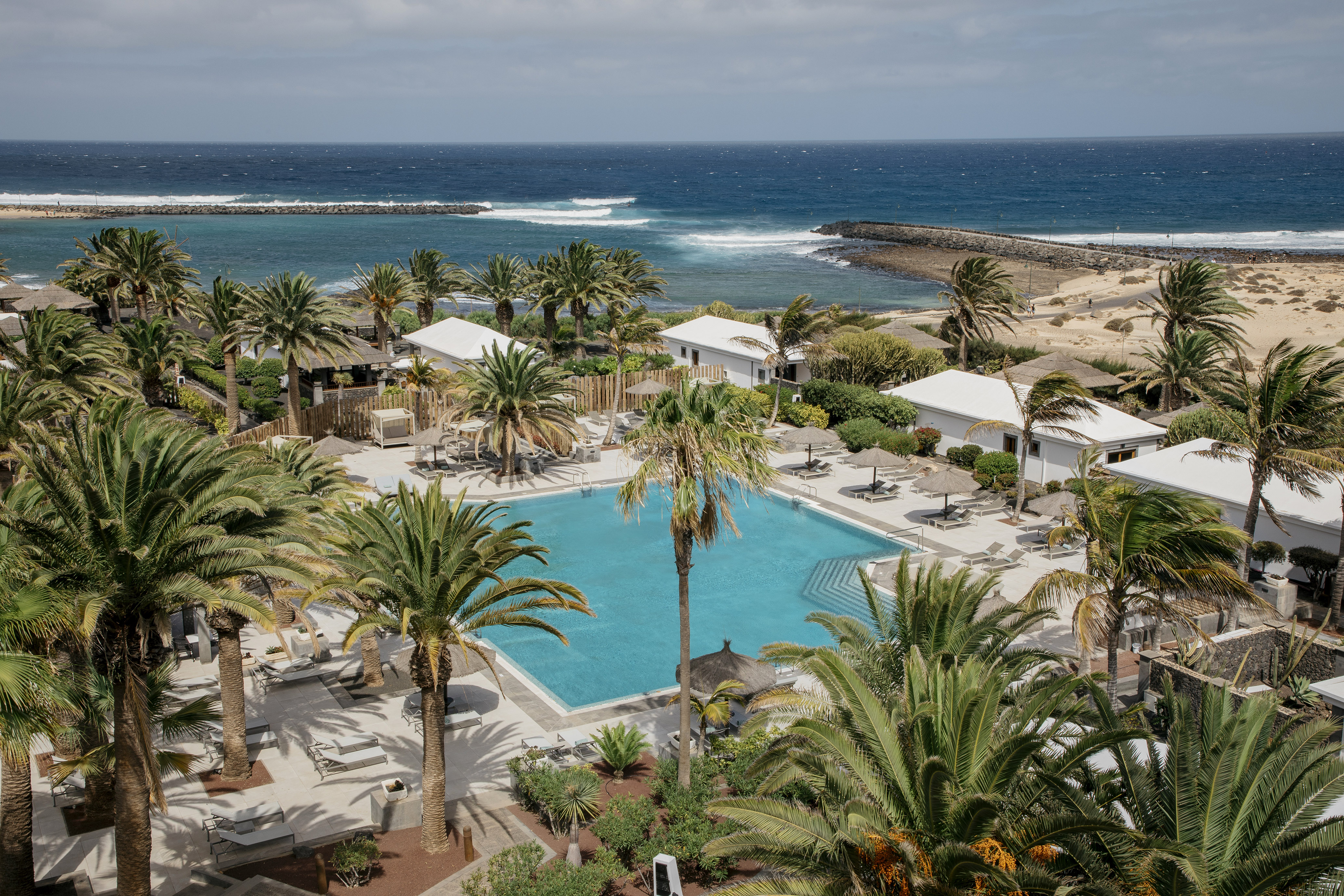 Beachfront hotel with large swimming pool, palm trees, and blue ocean view.