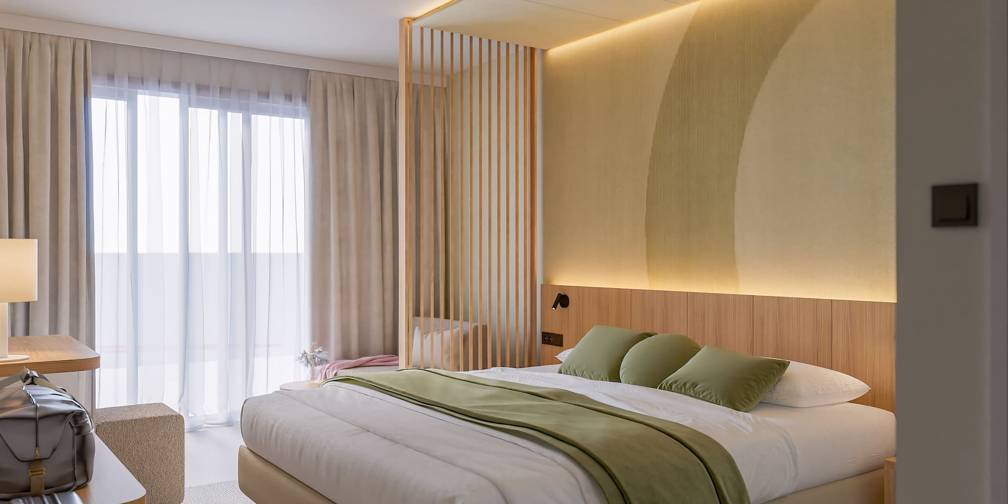 a bedroom with a bed and a wood wall