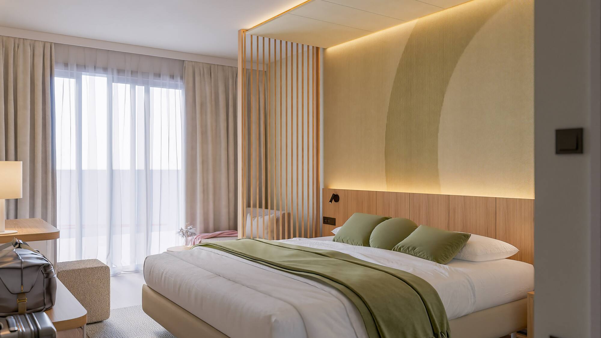 a bedroom with a bed and a wood wall