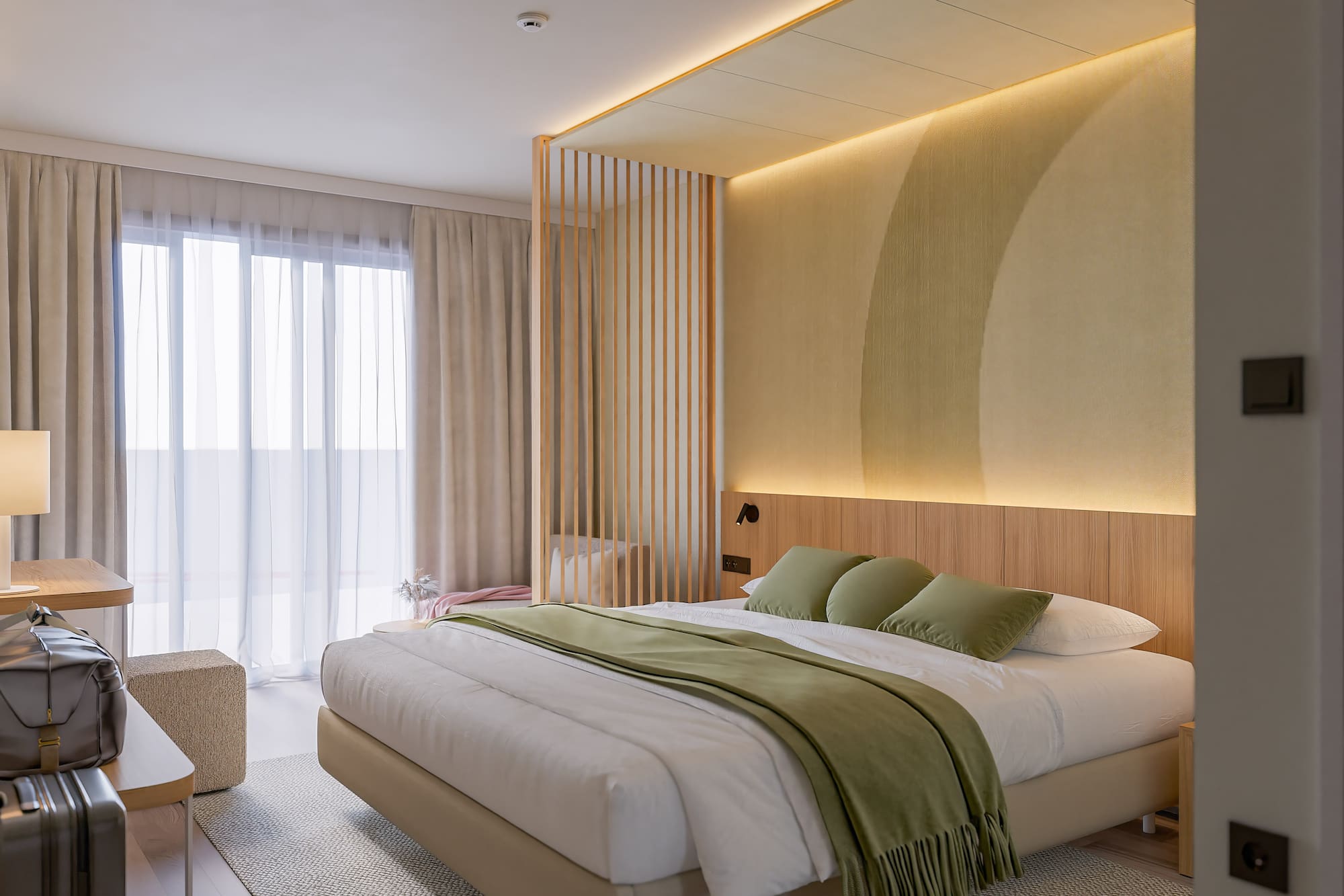 a bedroom with a bed and a wood wall