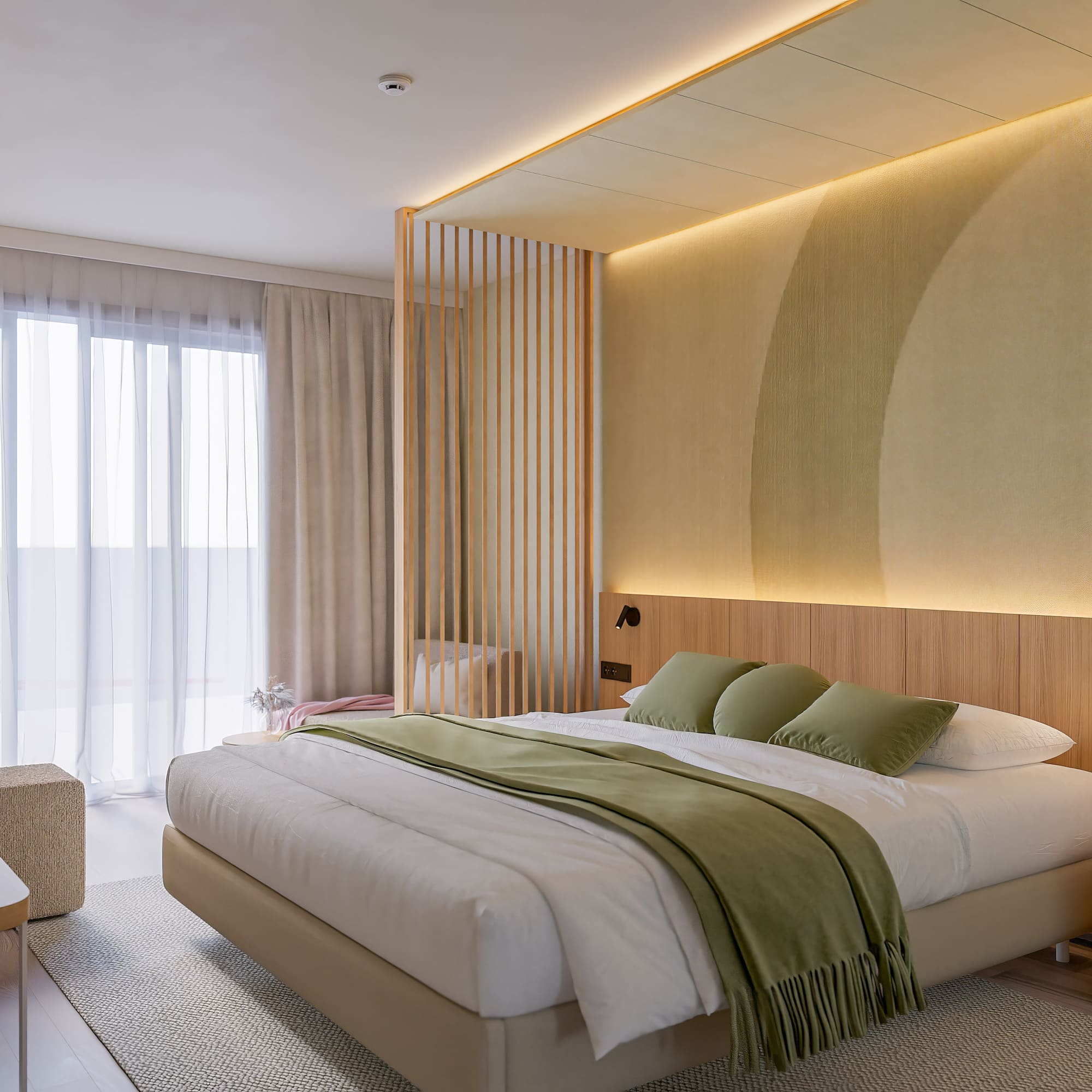 a bedroom with a bed and a wood wall