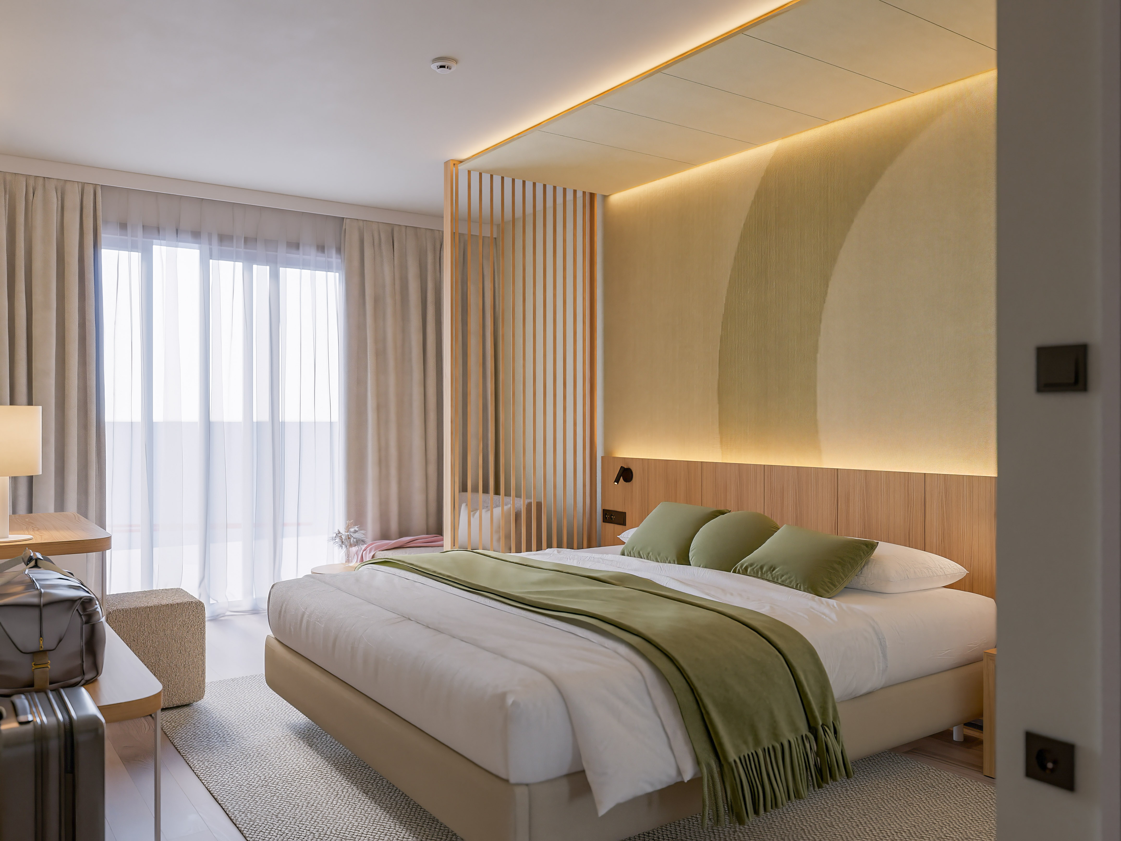 a bedroom with a bed and a wood wall