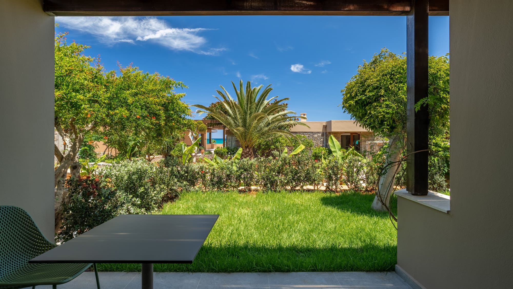 Resort patio with green garden, palm tree, and sea view under a blue sky.