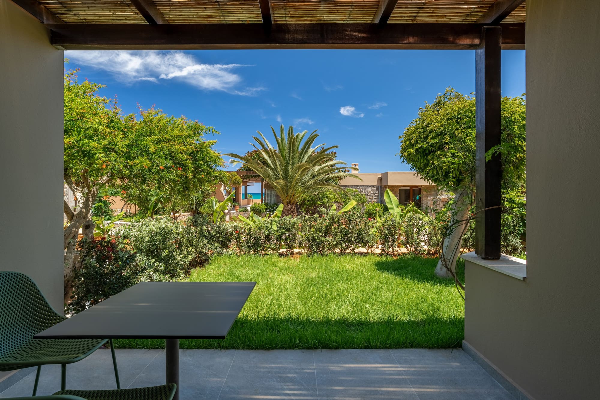 Resort patio with green garden, palm tree, and sea view under a blue sky.