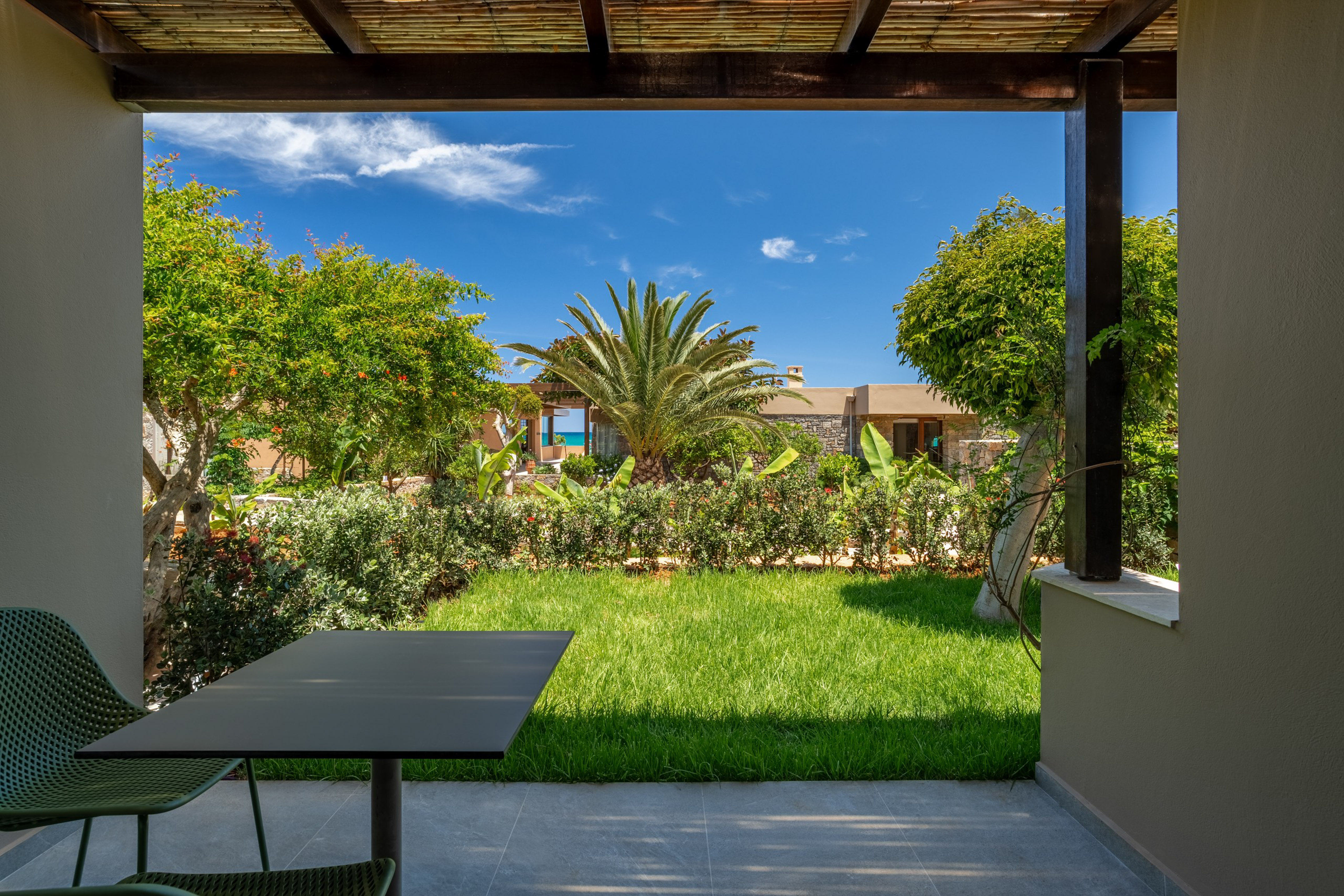 Resort patio with green garden, palm tree, and sea view under a blue sky.