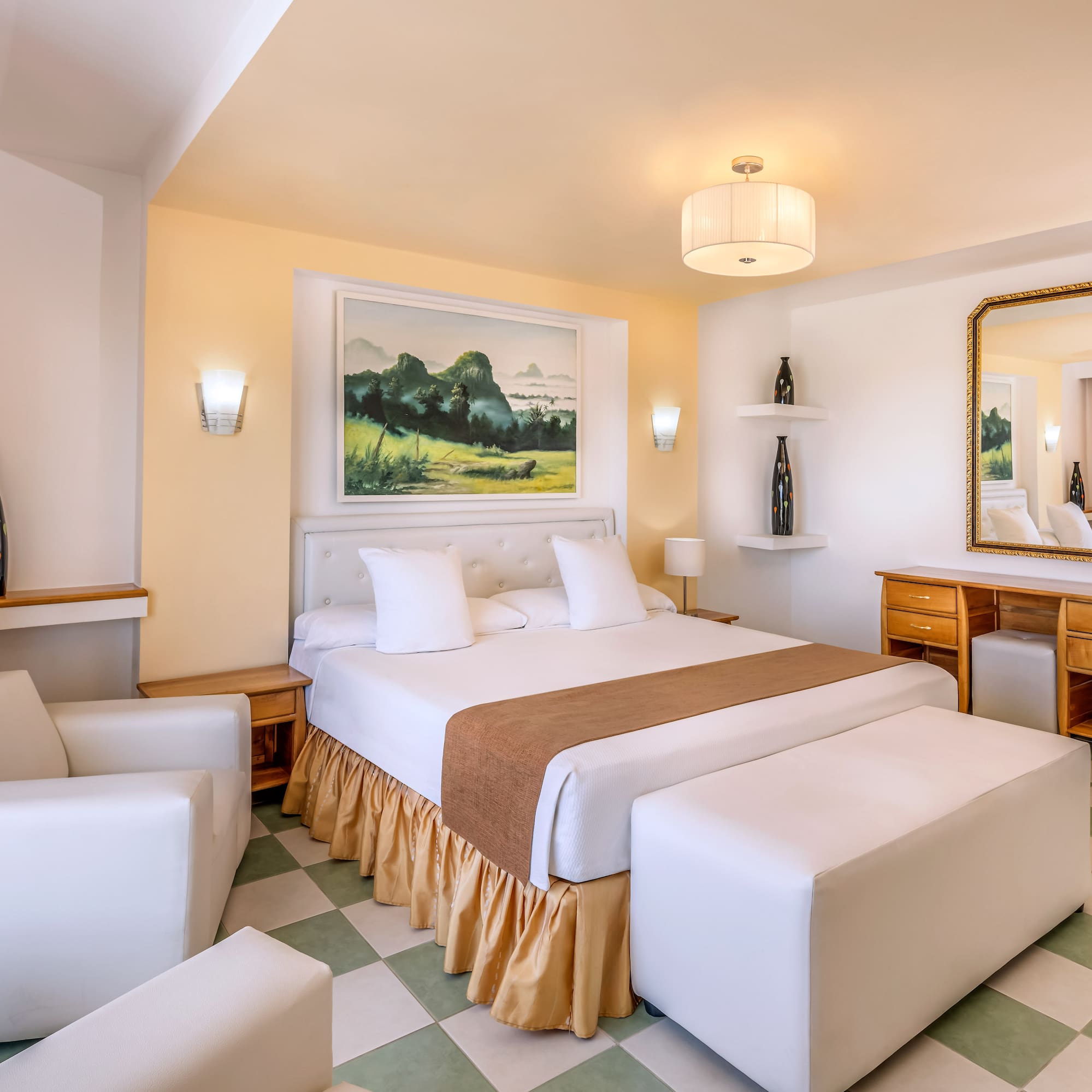 a bedroom with a bed and a mirror