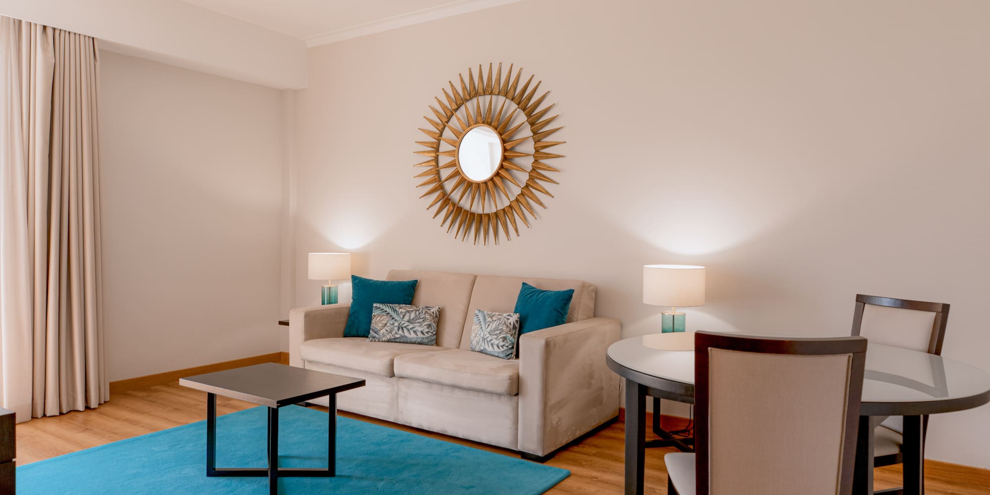 a living room with a couch and table