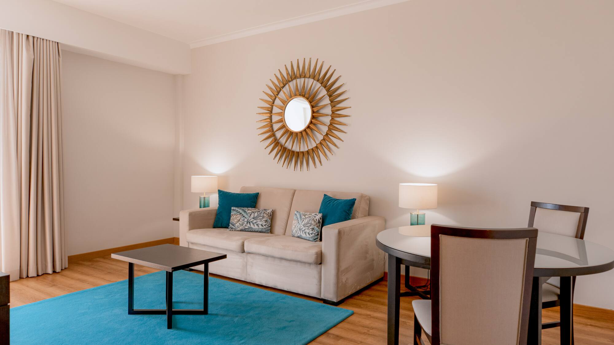 a living room with a couch and table