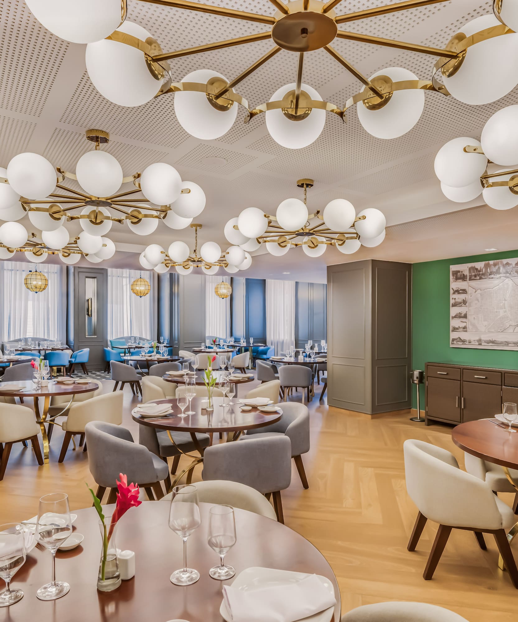 a room with tables and chairs