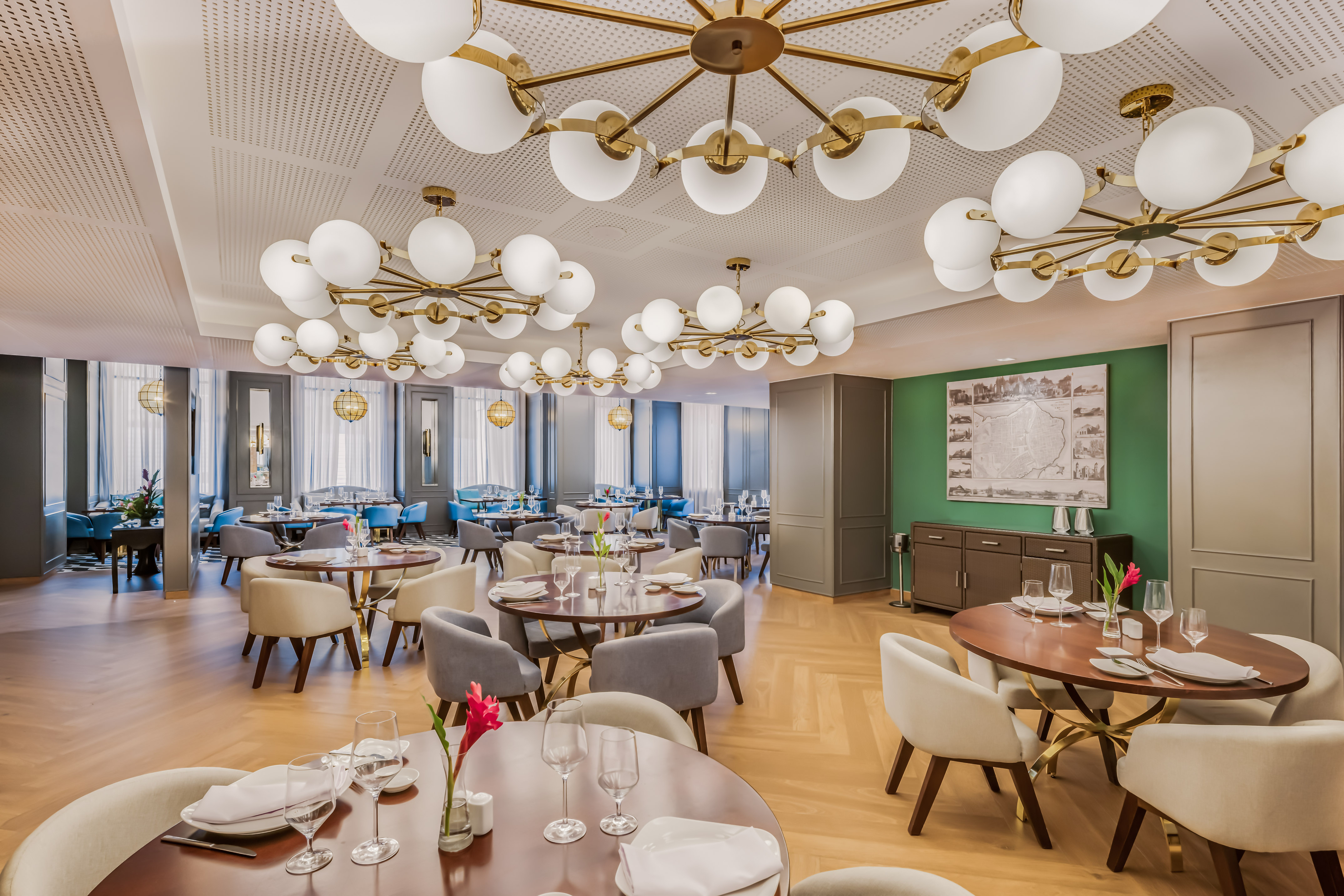 a room with tables and chairs