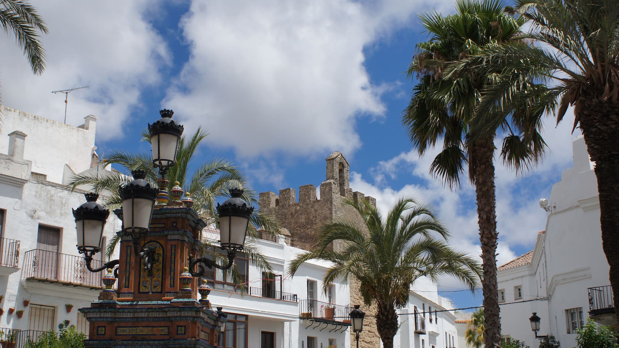 a building with palm trees and a stone wall