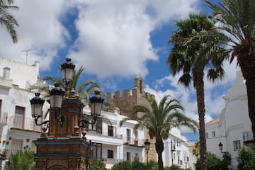 a building with palm trees and a stone wall