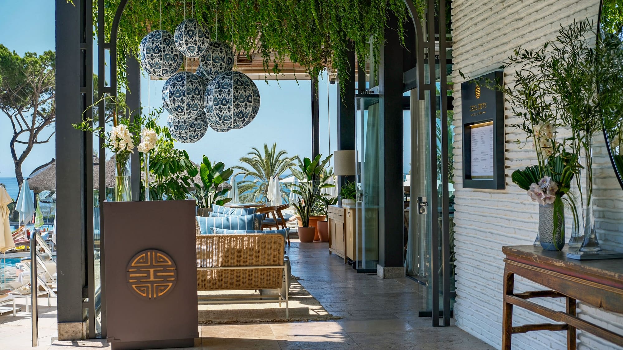 a patio with a green plant from the ceiling