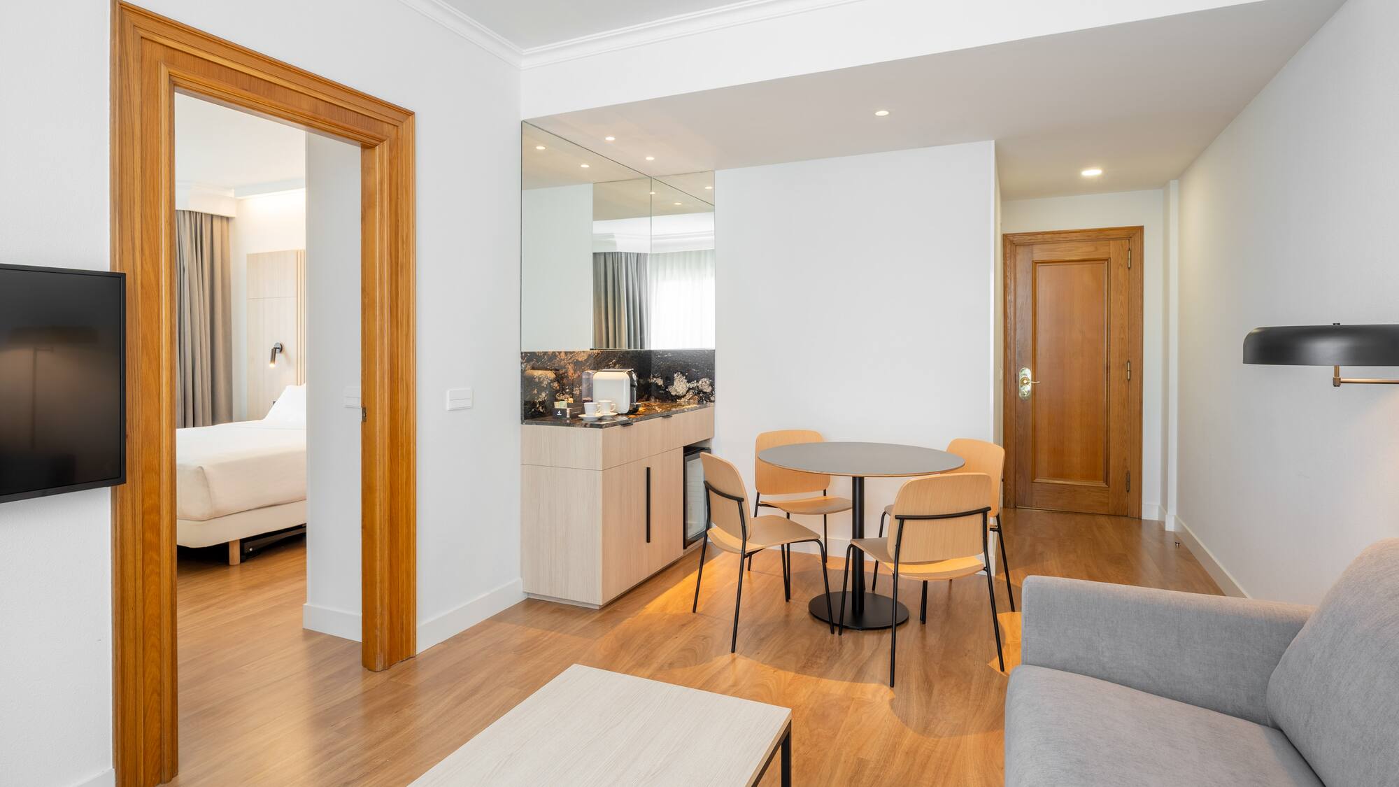 a room with a couch and a table