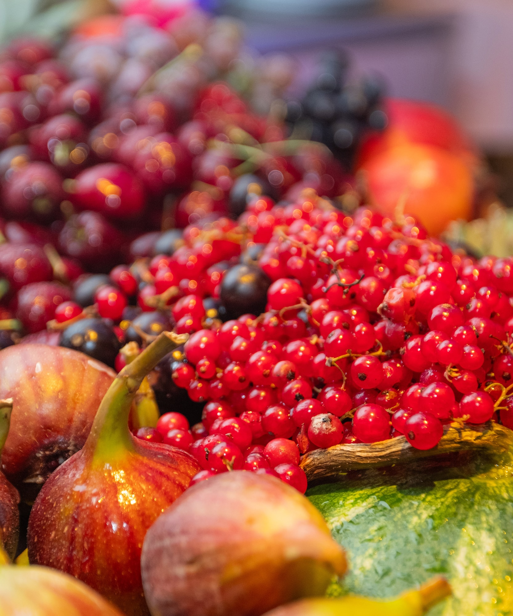 Frutas frescas: grosellas rojas, higos, uvas y sandía en exhibición.