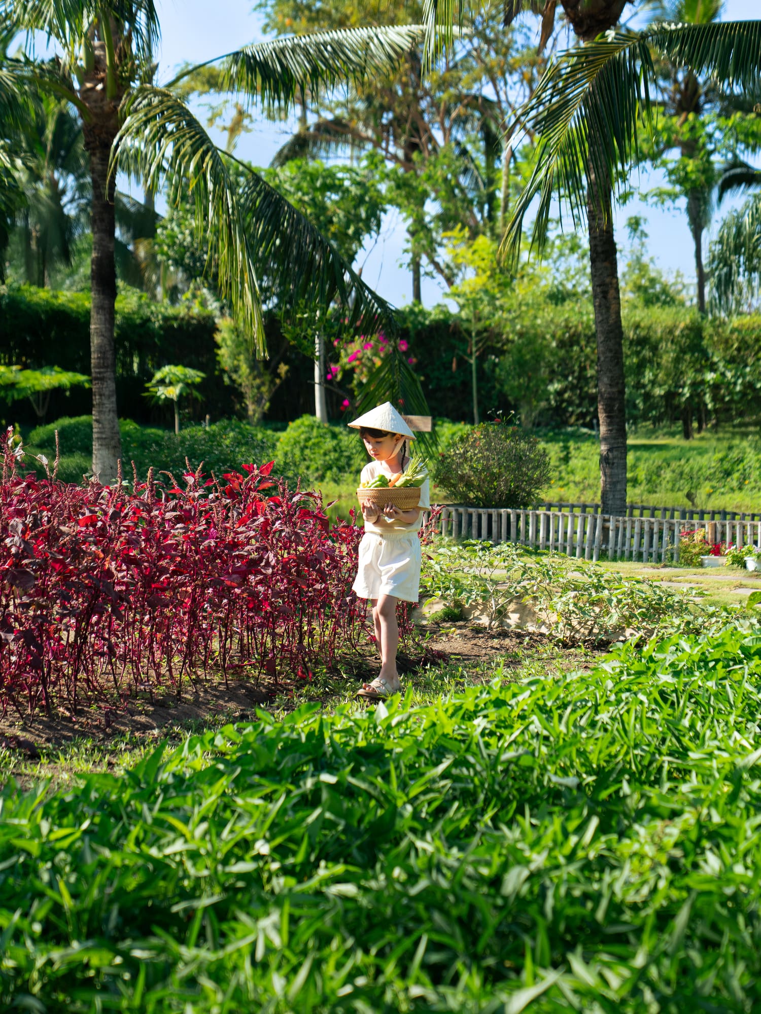 Girl in conical hat harvesting vegetables in a lush tropical garden.