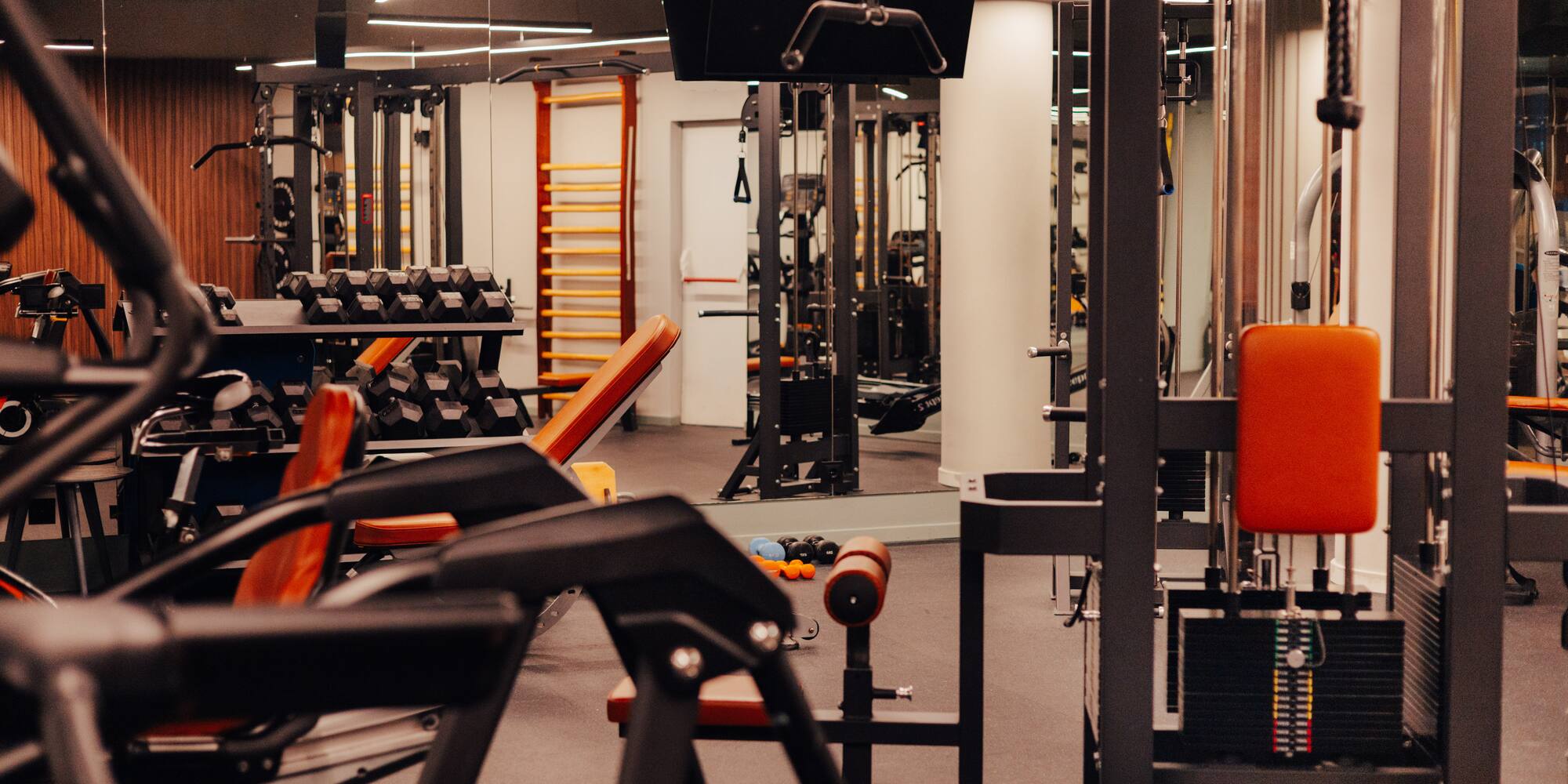 Modern gym interior with weight machines, dumbbell racks, and fitness benches.