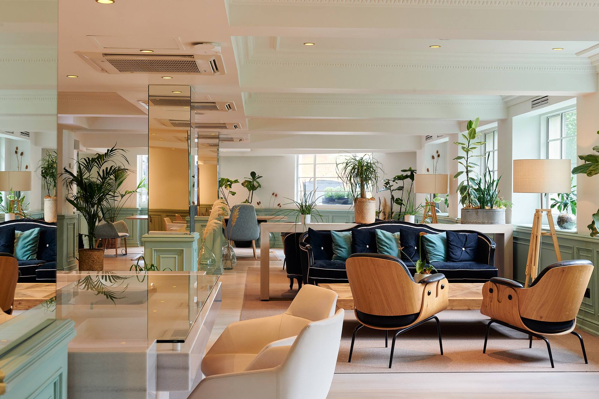 Modern lounge with dark sofas, wood chairs, and lush green plants.