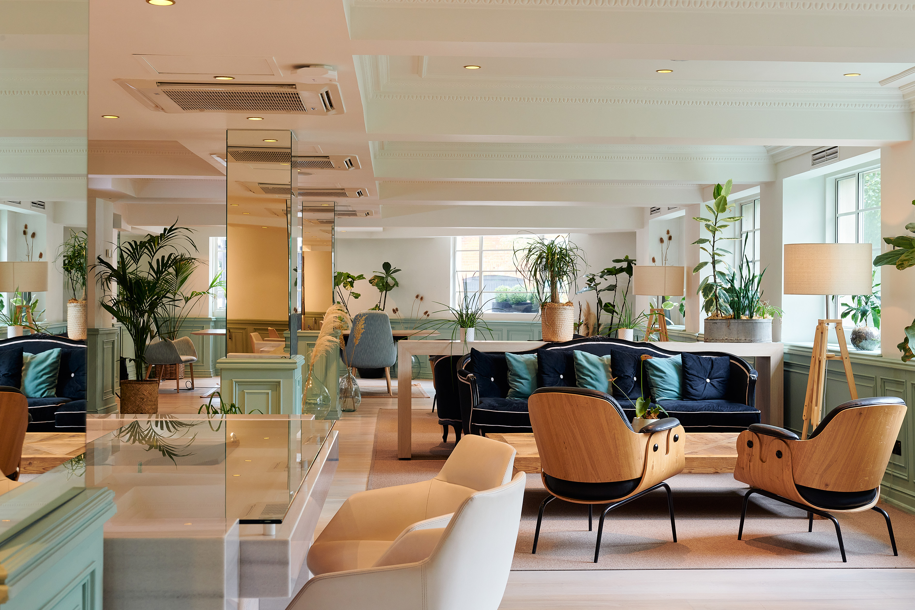 Modern lounge with dark sofas, wood chairs, and lush green plants.