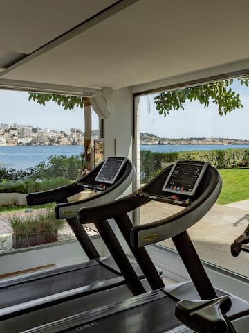 a gym with treadmills and a view of water and a city