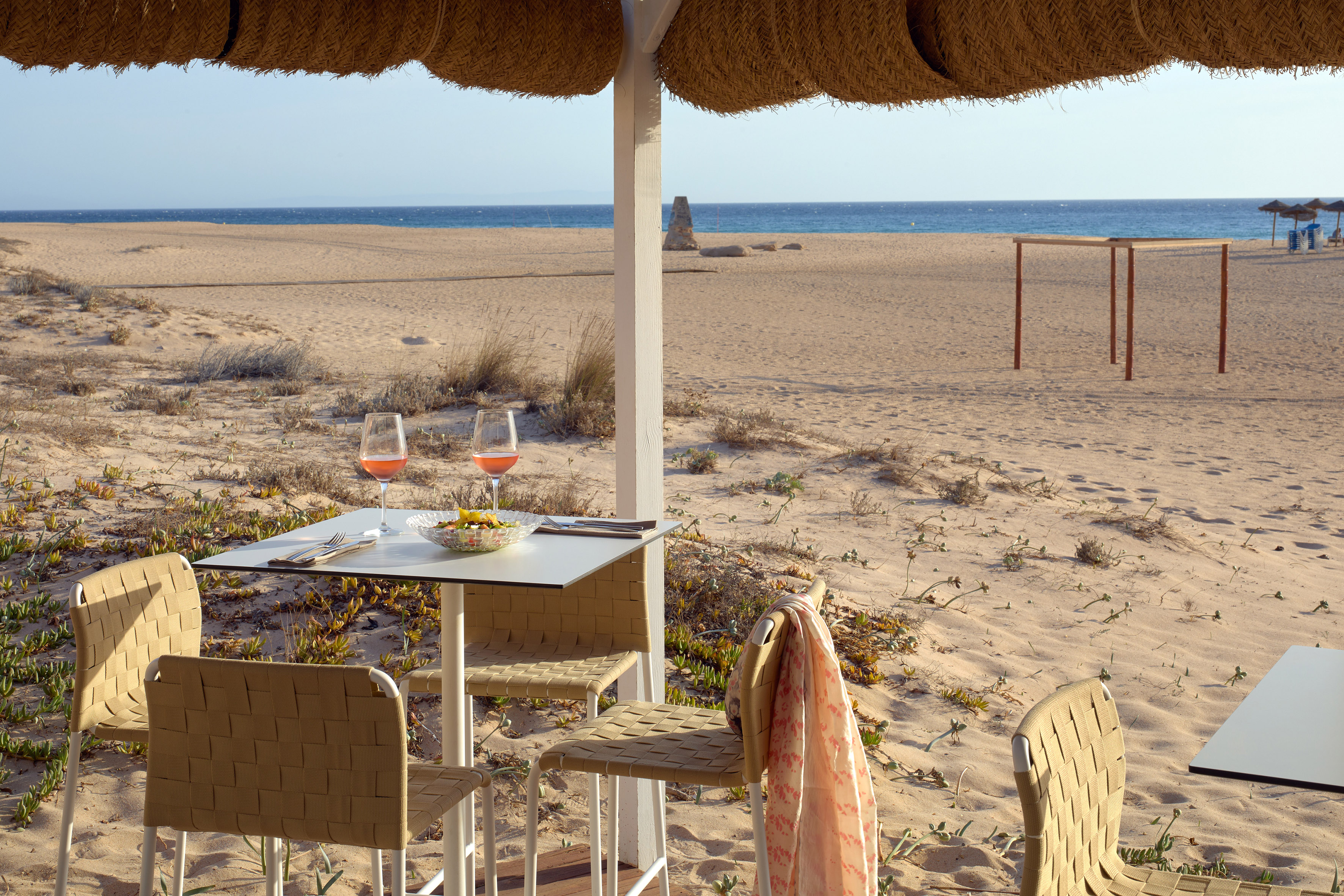 Rosé wine and salad on a shaded beachfront table, overlooking the ocean.