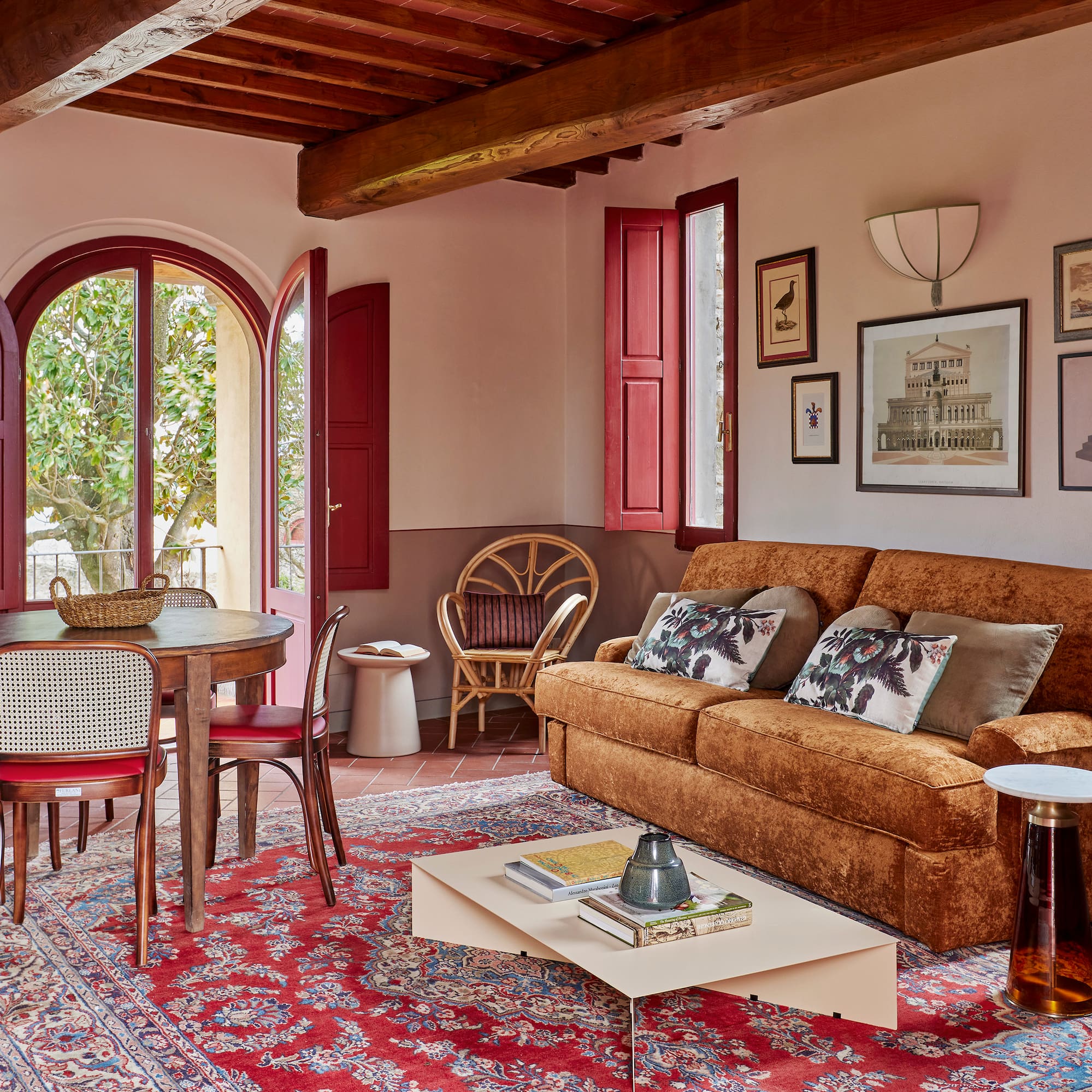 a living room with a couch and a table