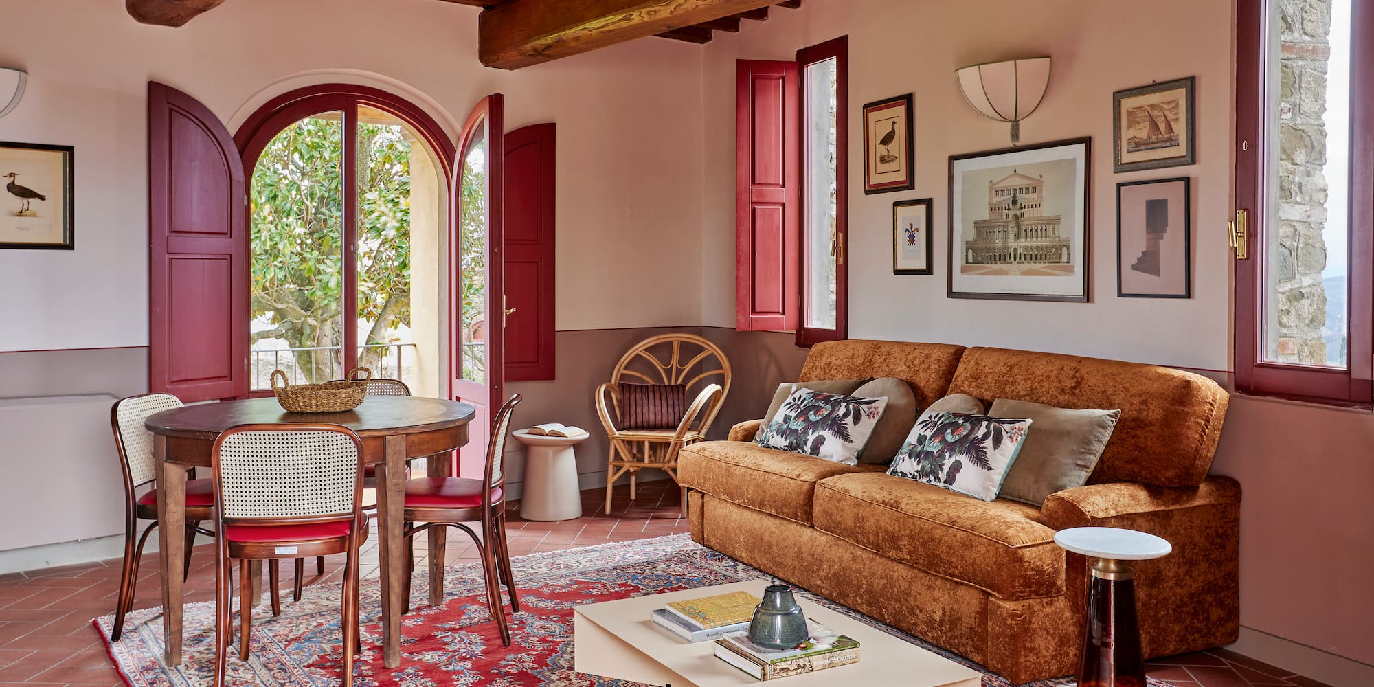 a living room with a couch and a table