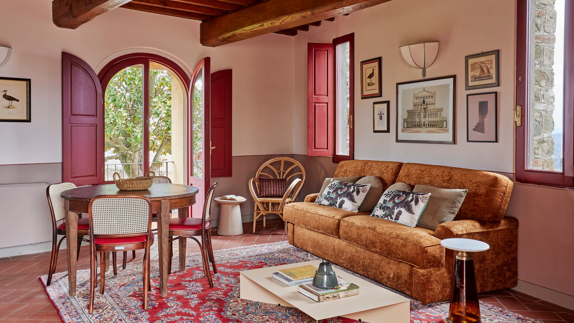 a living room with a couch and a table