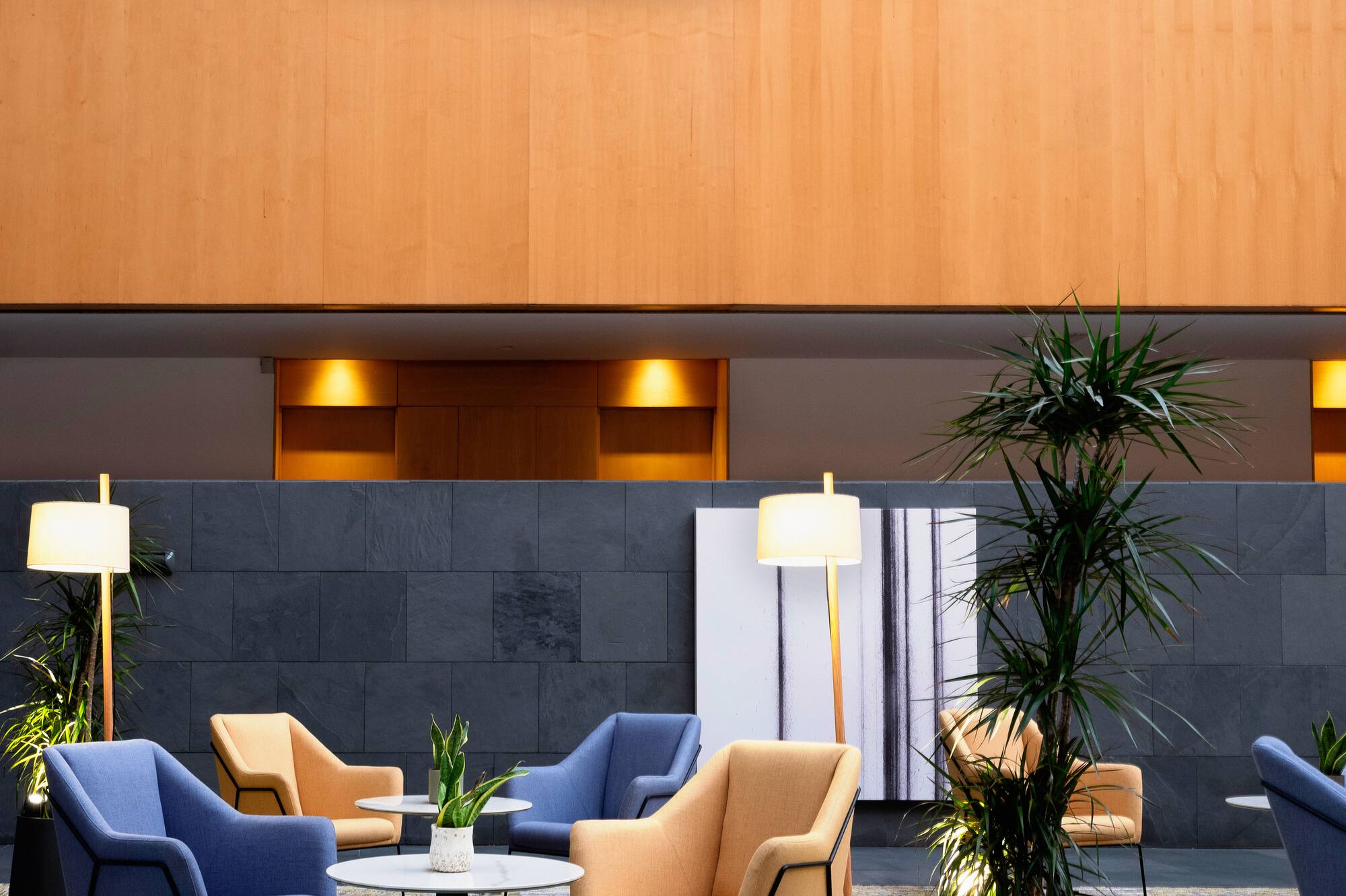 Modern interior lounge with blue, yellow armchairs, plants, and wood paneling.